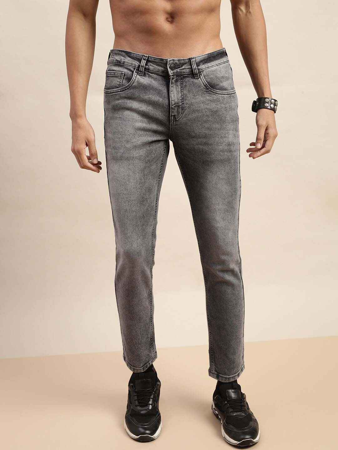 

VEIRDO Men Mid-Rise Original Slim Fit Heavy Fade Stretchable Jeans, Grey