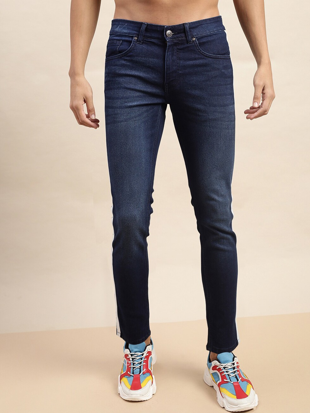 

VEIRDO Men Blue Original Slim Fit Light Fade Side Striped Stretchable Jeans