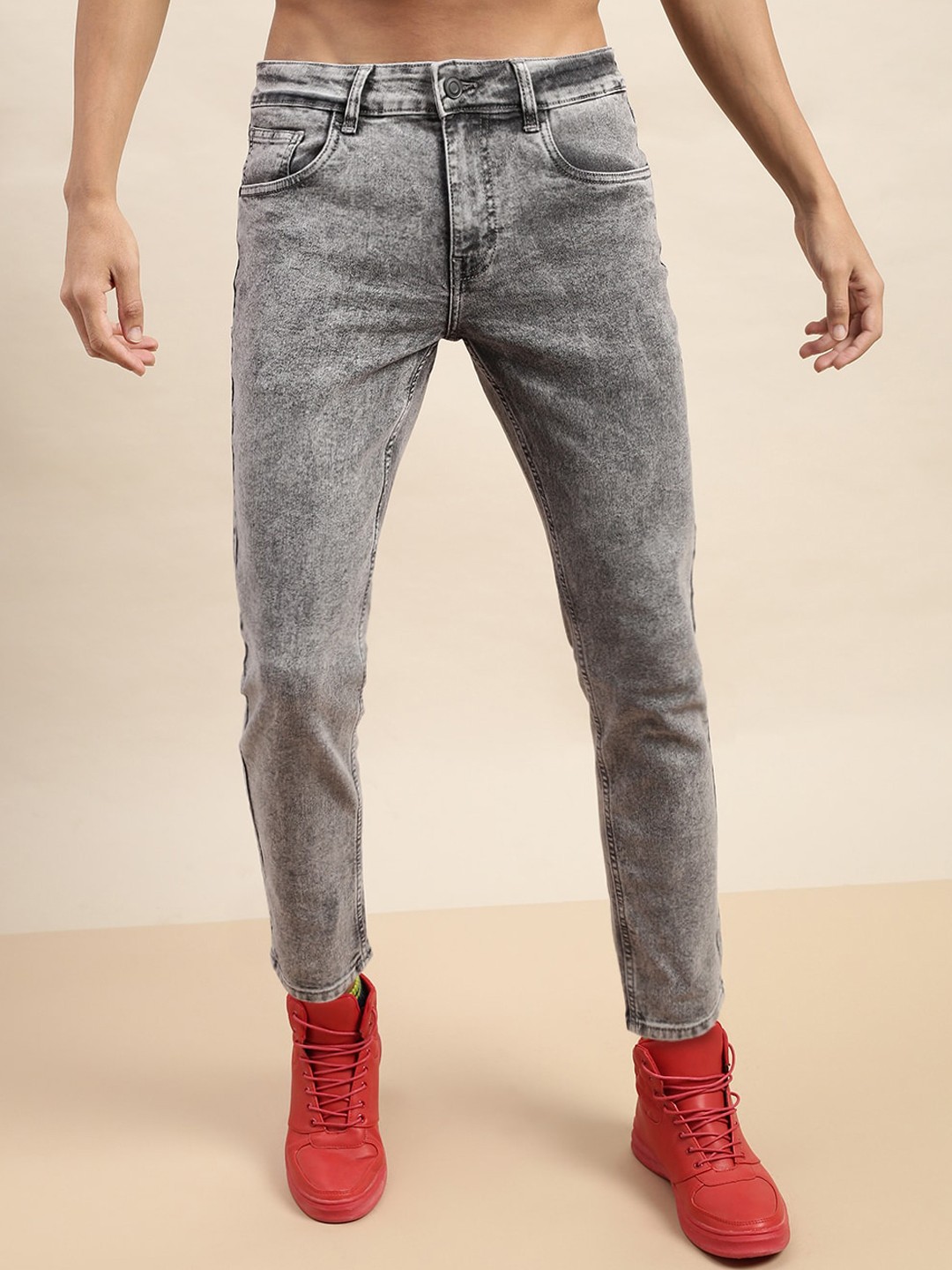 

VEIRDO Men Grey Original Slim Fit Heavy Fade Stretchable Drawstring Cotton Jeans