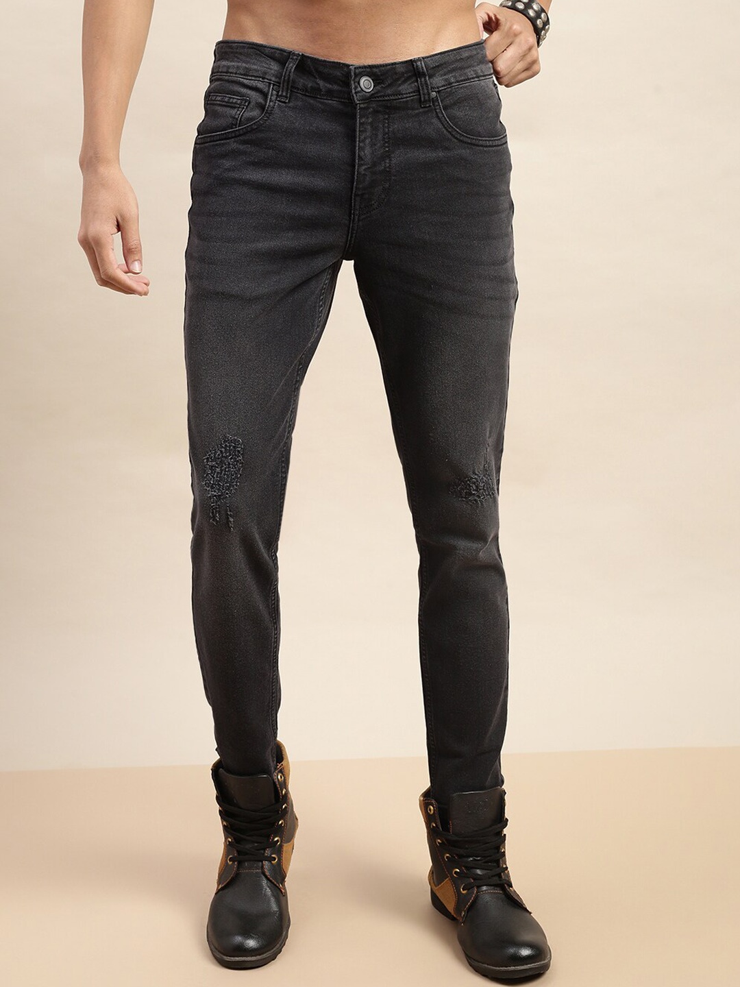 

VEIRDO Men Grey Mildly Distressed Original Slim Fit Stretchable Cotton Jeans