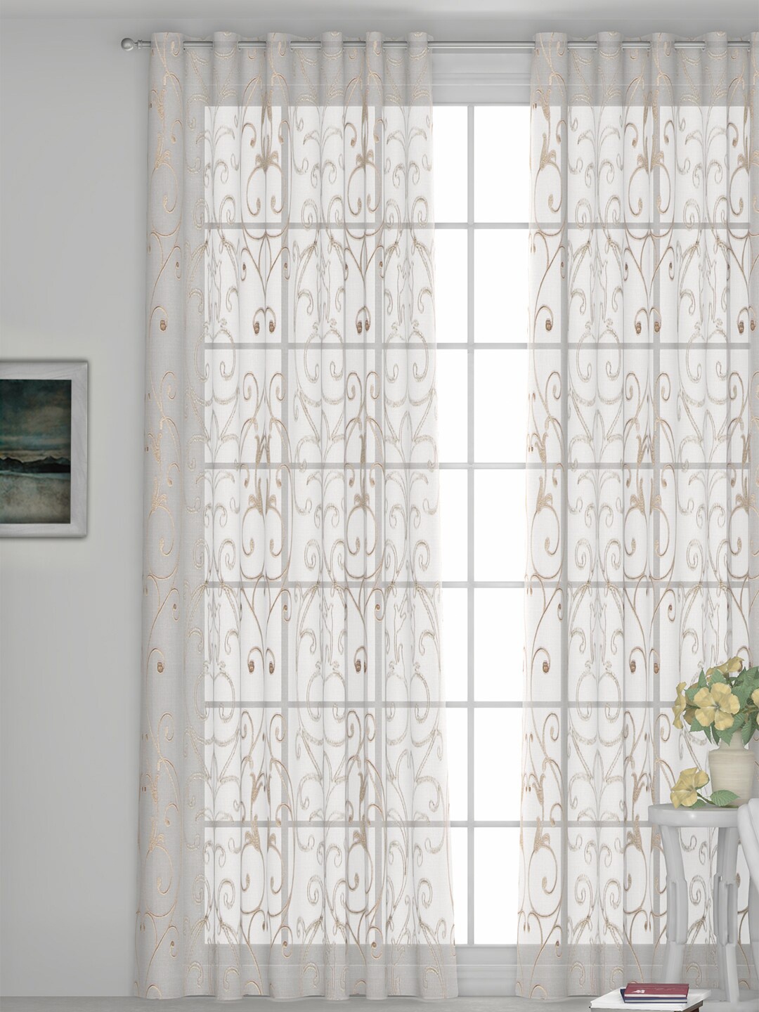 

GM Collection White & Gold-Toned Embroidered Sheer Door Curtain