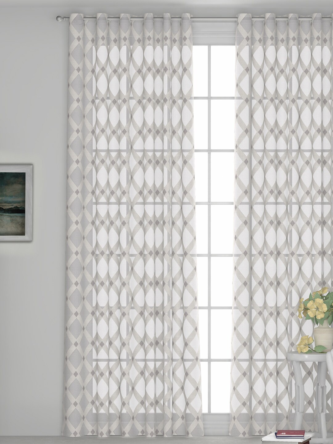 

GM Silver-Toned & Brown Embroidered Sheer Door Curtain