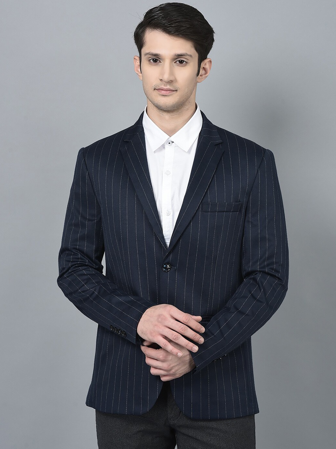 

CANOE Striped Notched Lapel Collar Single-Breasted Blazer, Navy blue