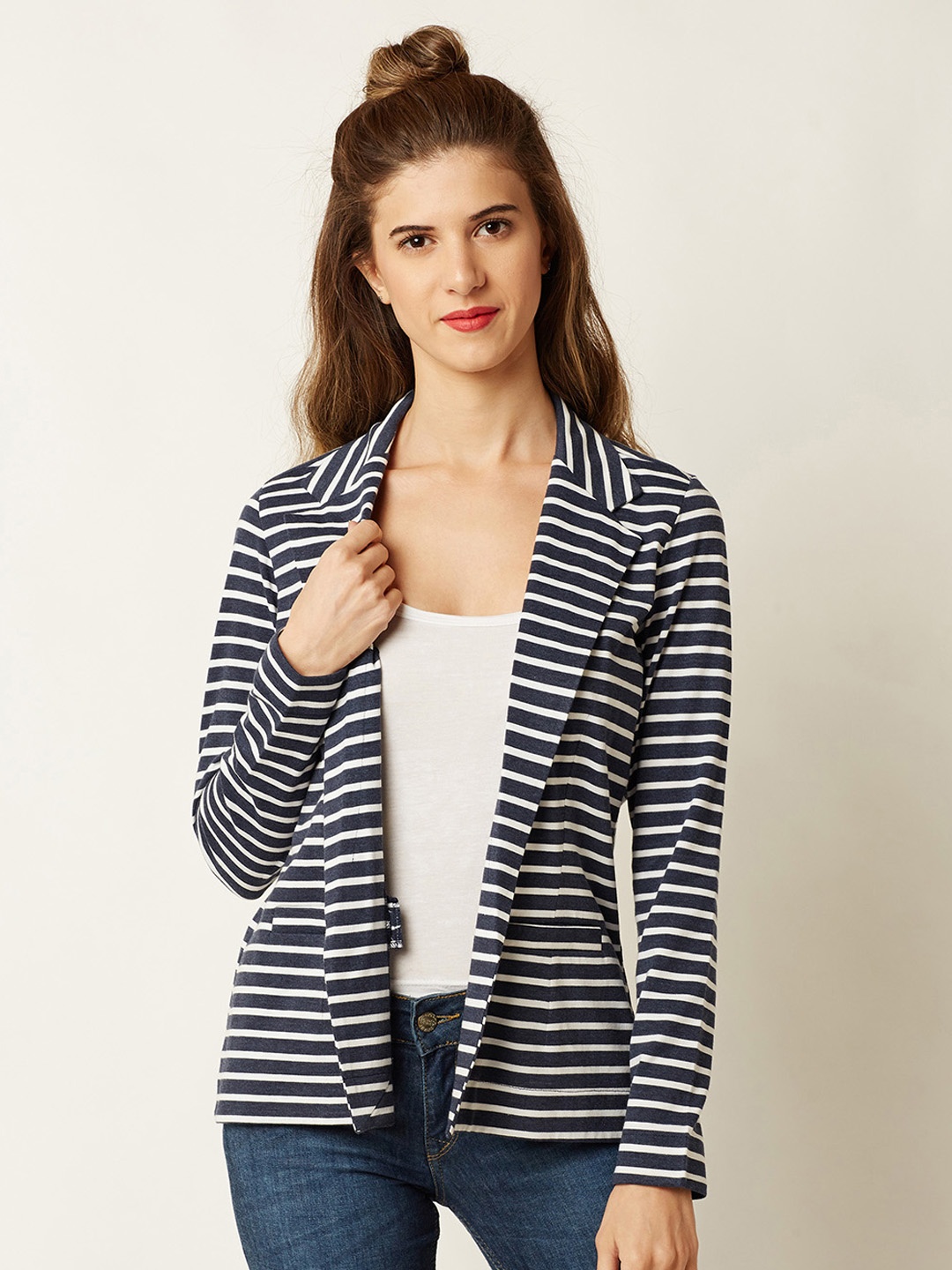 

Miss Chase Women Navy & White Striped Front-Open Blazer, Navy blue