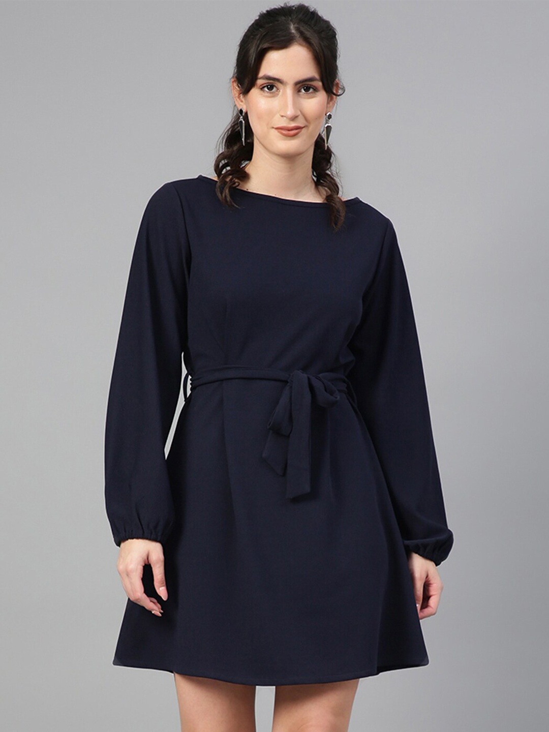 

Kotty Navy Blue Puff Sleeves A-Line Dress With Belt