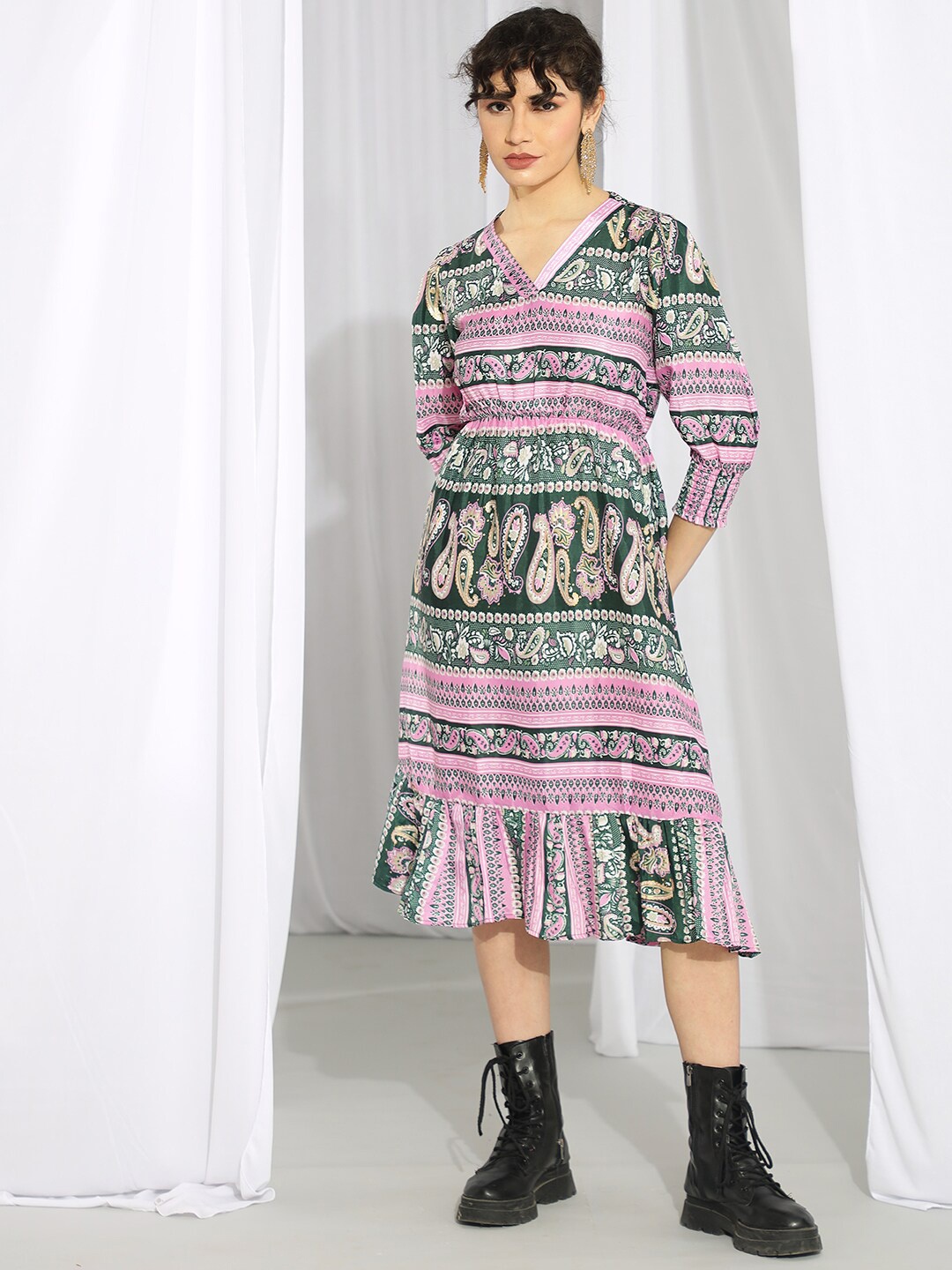 

Kotty Pink & Green Ethnic Motifs Printed Cuffed Sleeves A-Line Midi Dress