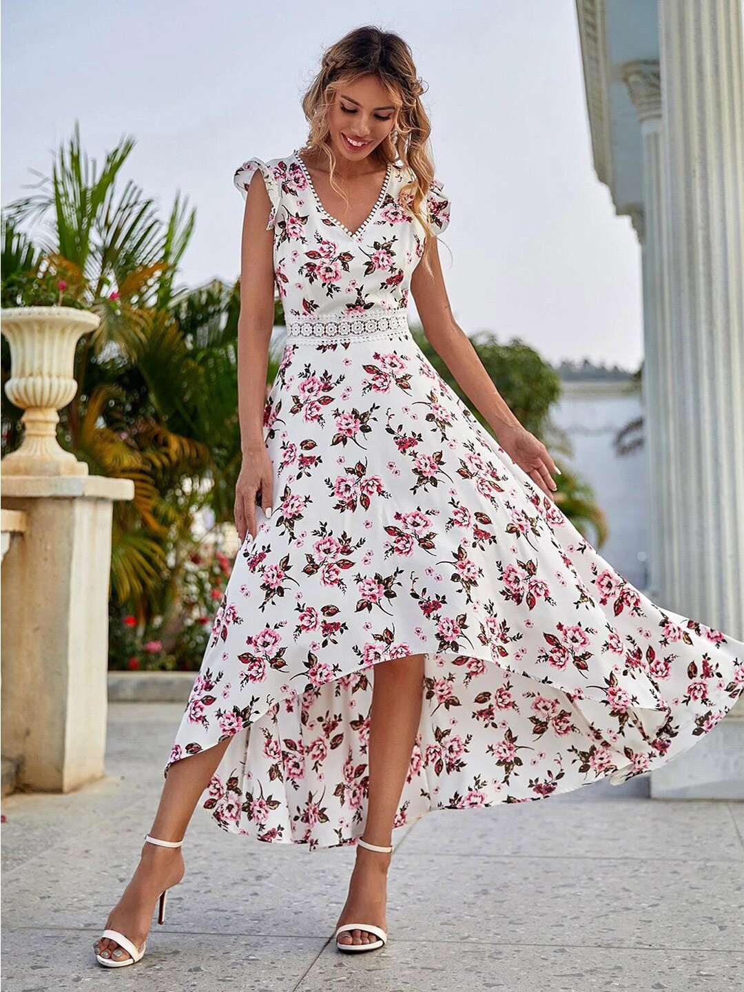 

Kotty White & Pink Floral Printed V-Neck High-Low Fit & Flare Midi Dress