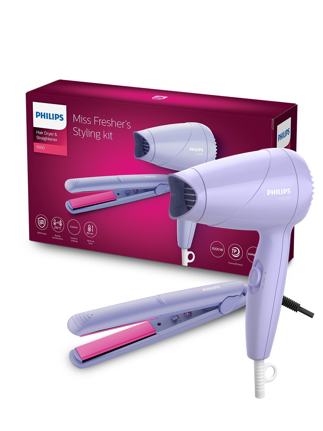 

Philips HP8643/56 Miss Freshers Hair Styling Kit - Hair Straightener + Hair Dryer - Purple