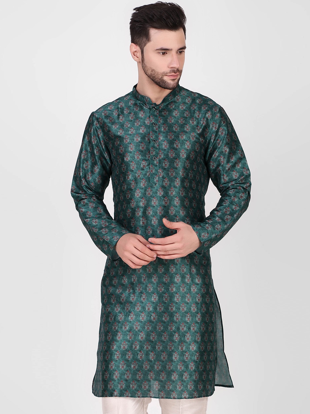 

Cult Indie Mandarin Collar Floral Printed Straight Kurta with Pyjamas, Teal