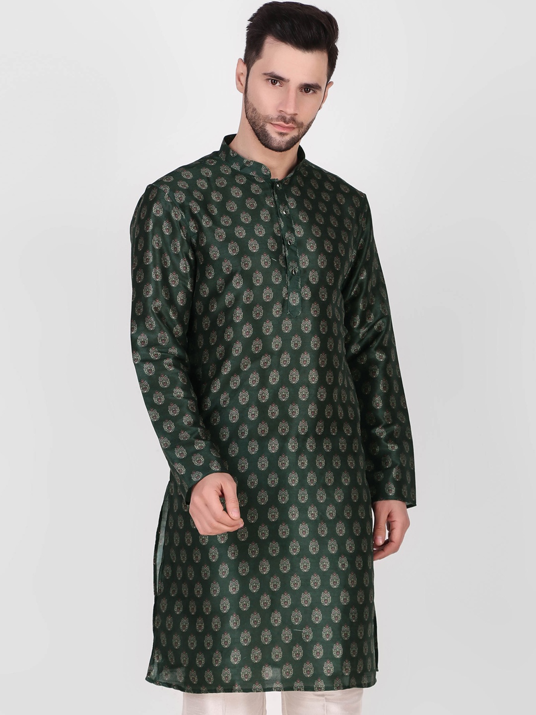 

Cult Indie Ethnic Motifs Printed Mandarin Collar Kurta with Pyjamas, Green
