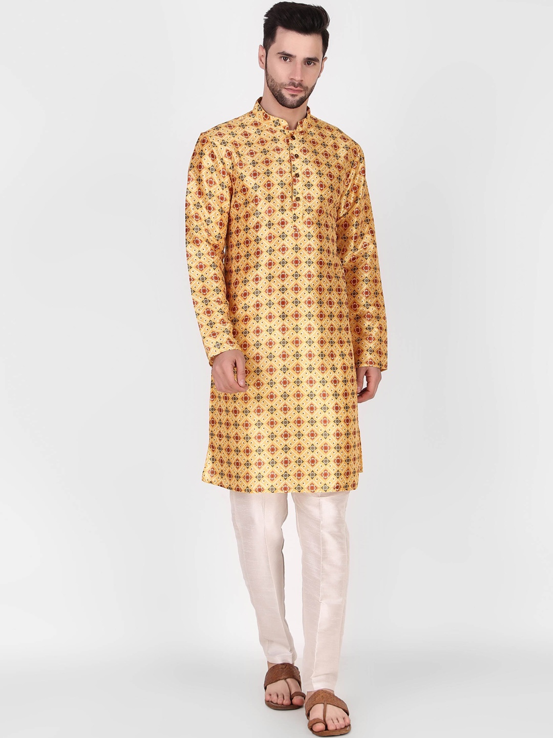 

Cult Indie Ethnic Motifs Printed Mandarin Collar Kurta with Pyjamas, Mustard