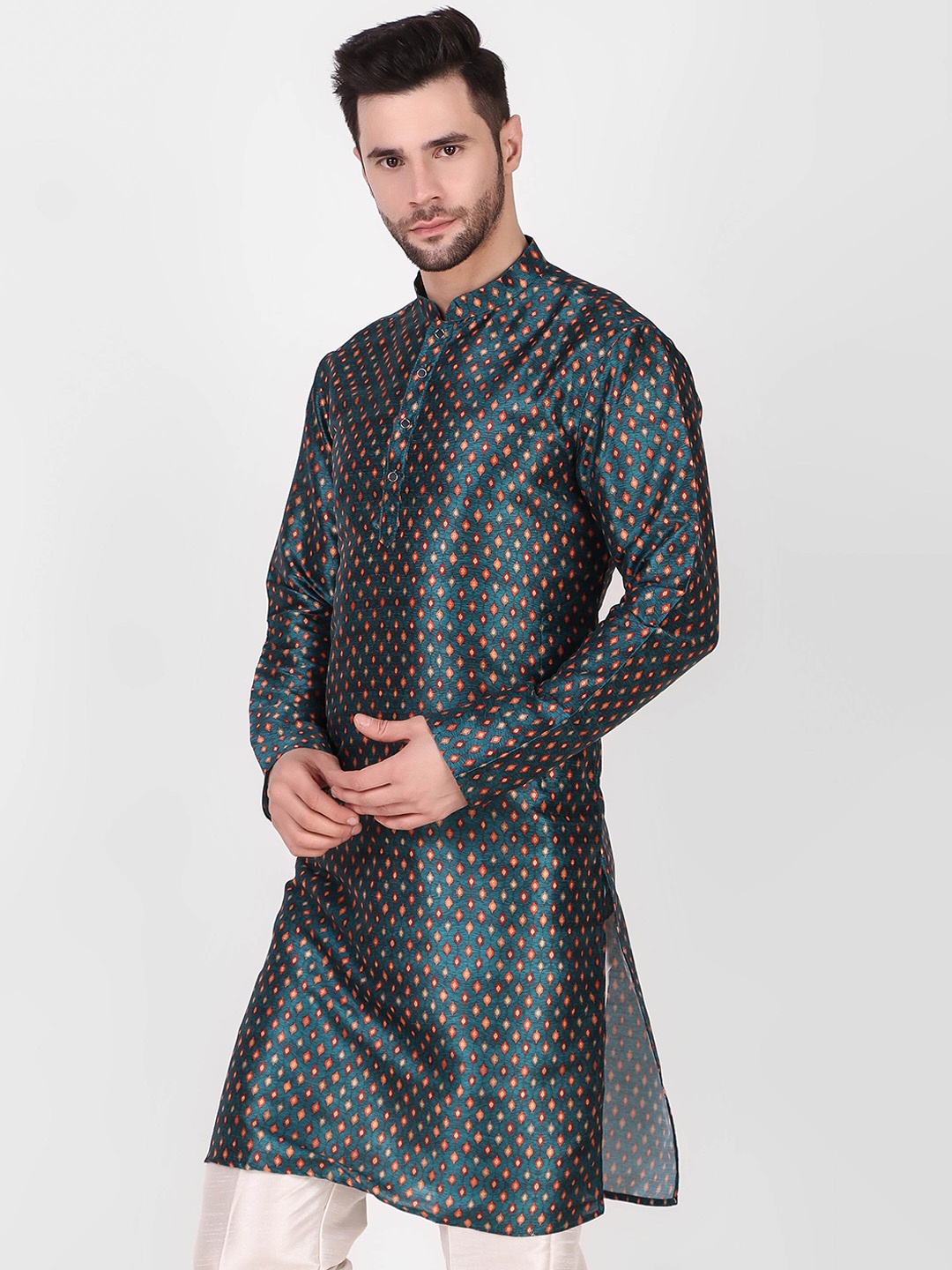 

Cult Indie Ethnic Motifs Printed Mandarin Collar Kurta with Pyjamas, Teal