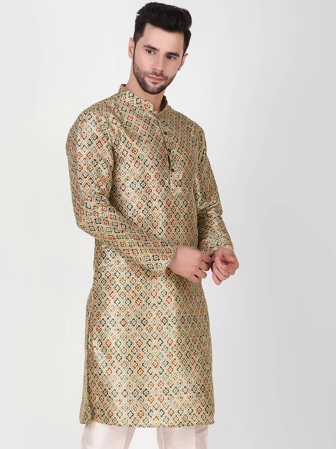 

Cult Indie Ethnic Motifs Printed Mandarin Collar Silk Blend Kurta with Pyjamas, Beige