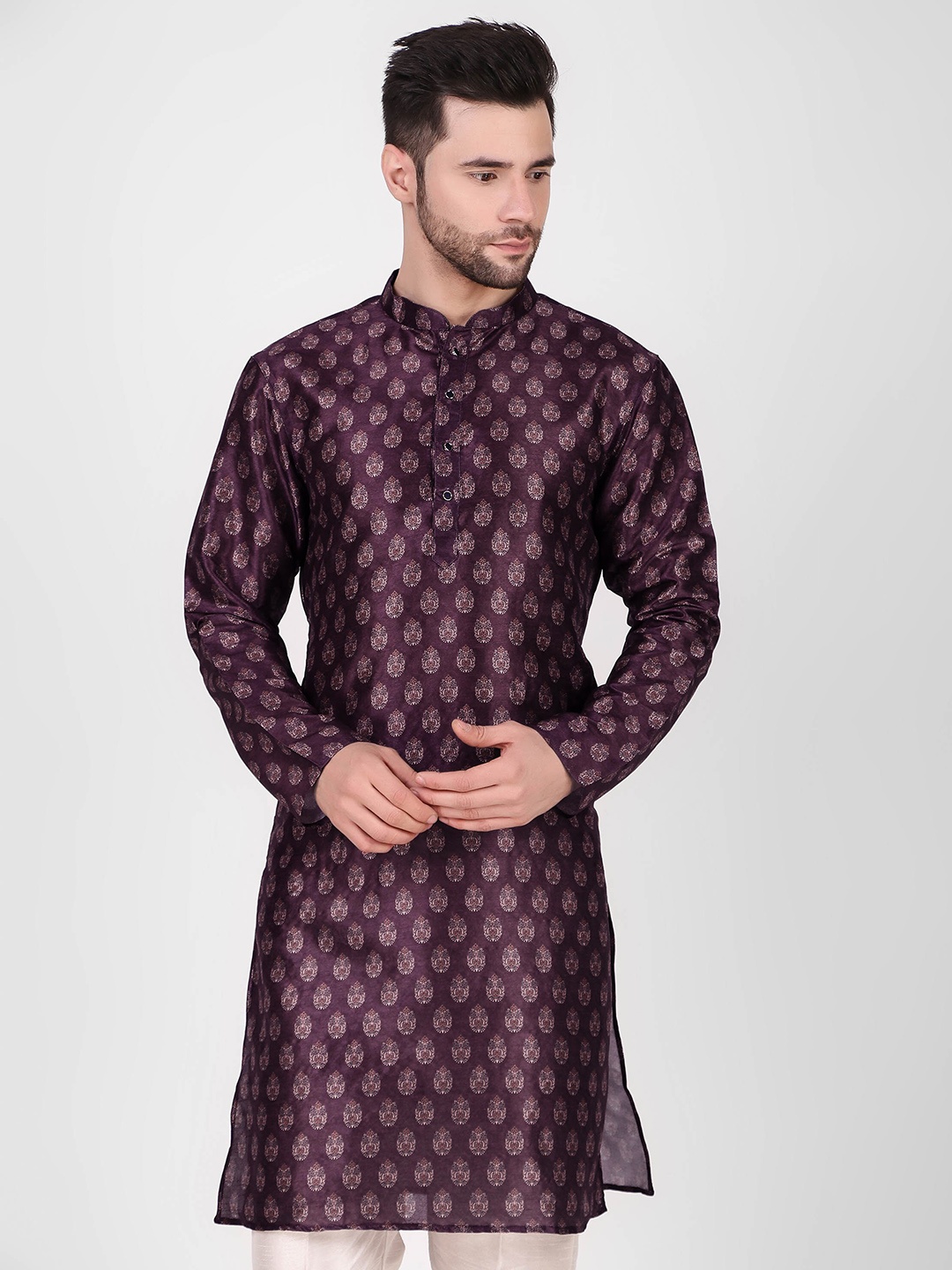 

Cult Indie Ethnic Motifs Printed Mandarin Collar Kurta with Pyjamas, Purple