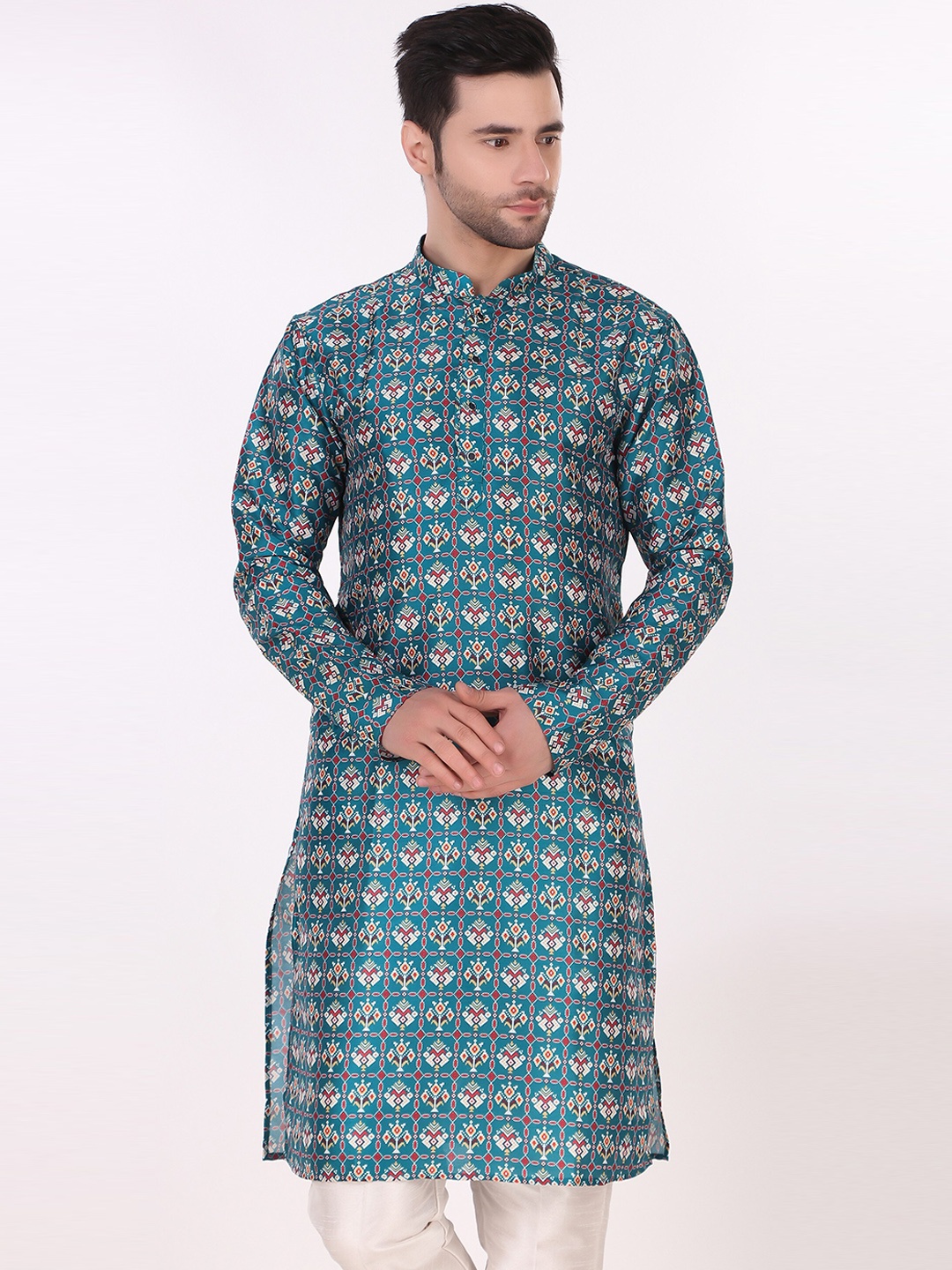 

Cult Indie Ethnic Motifs Printed Mandarin Collar Kurta with Pyjamas, Turquoise blue