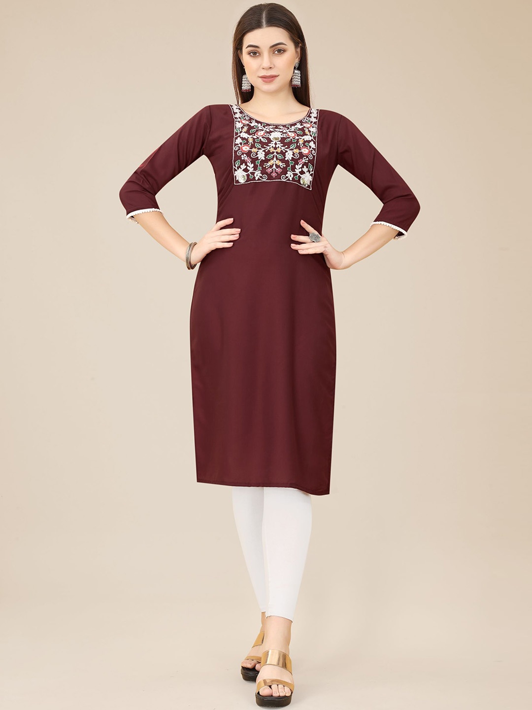 

HERE&NOW Floral Yoke Design Thread Work Kurta, Maroon
