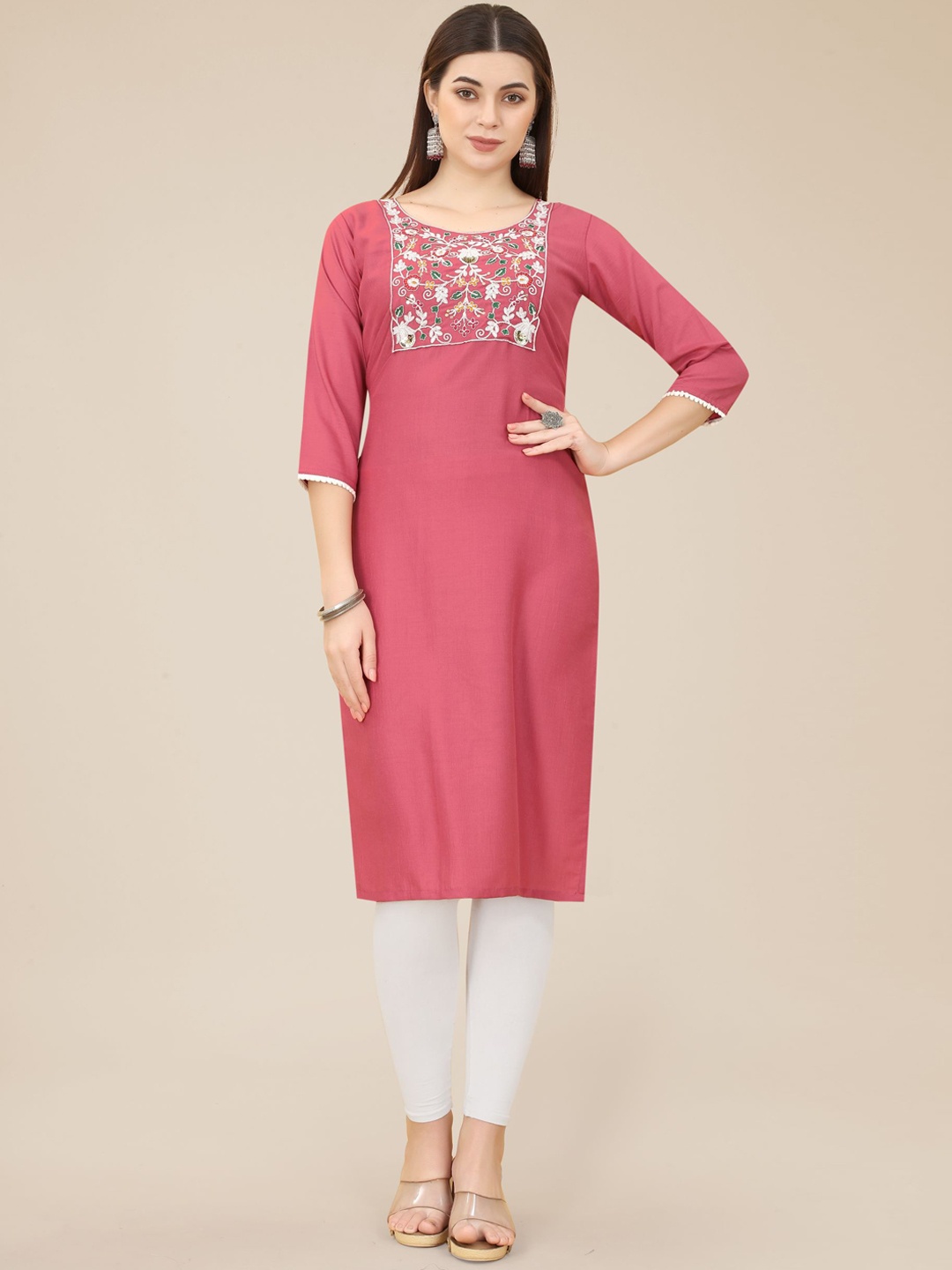

HERE&NOW Pink & White Floral Yoke Design Thread Work Kurta