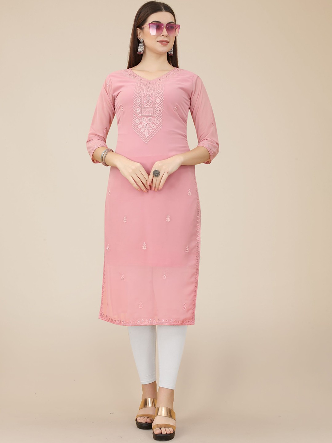 

HERE&NOW Peach Ethnic Motifs Embroidered Thread Work Georgette Kurta