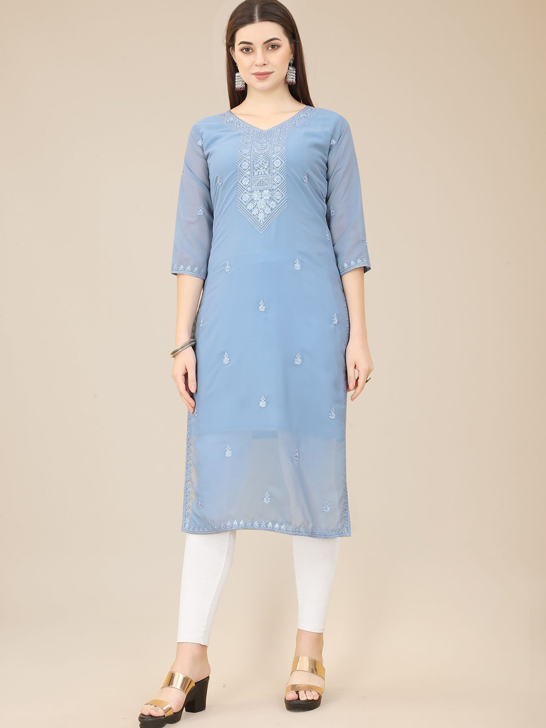 

HERE&NOW Turquoise Blue Ethnic Motifs Embroidered Thread Work Georgette Kurta