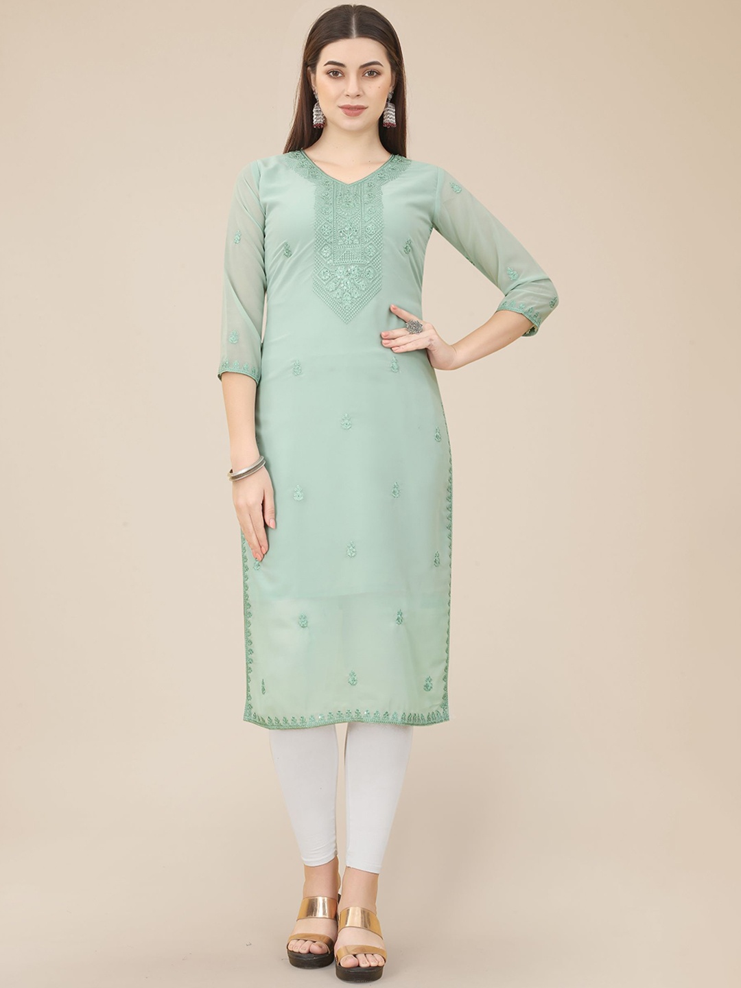 

HERE&NOW Olive Green Ethnic Motifs Embroidered Thread Work Georgette Kurta