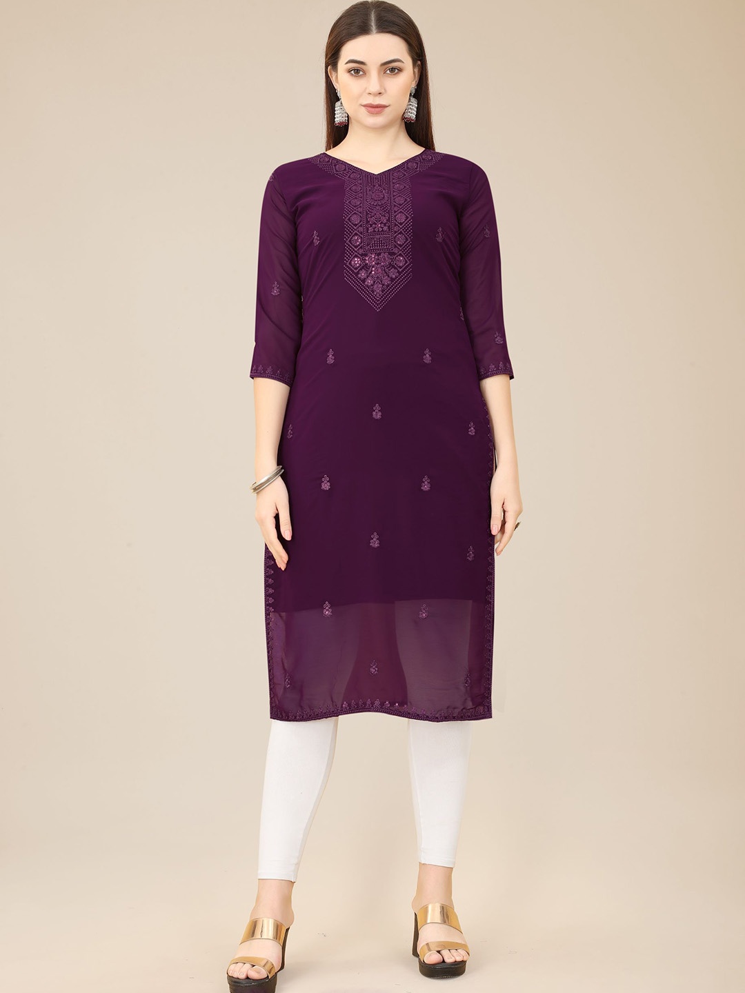

HERE&NOW Purple Ethnic Motifs Embroidered Thread Work Georgette Kurta