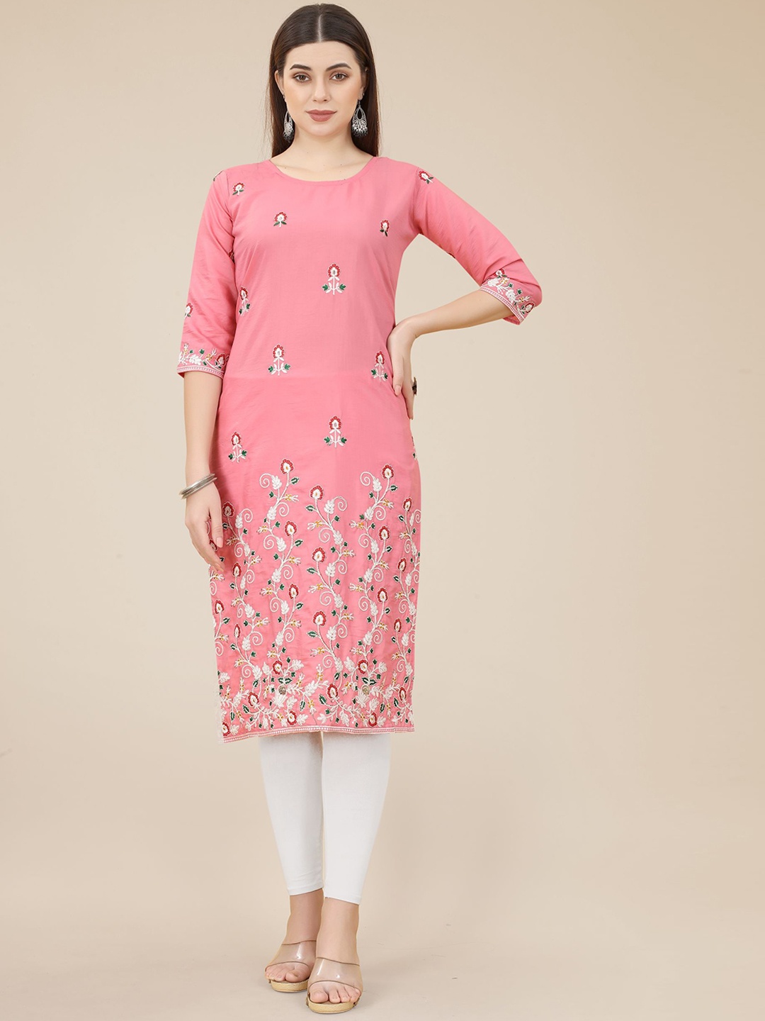 

HERE&NOW Pink & White Floral Embroidered Georgette Kurta