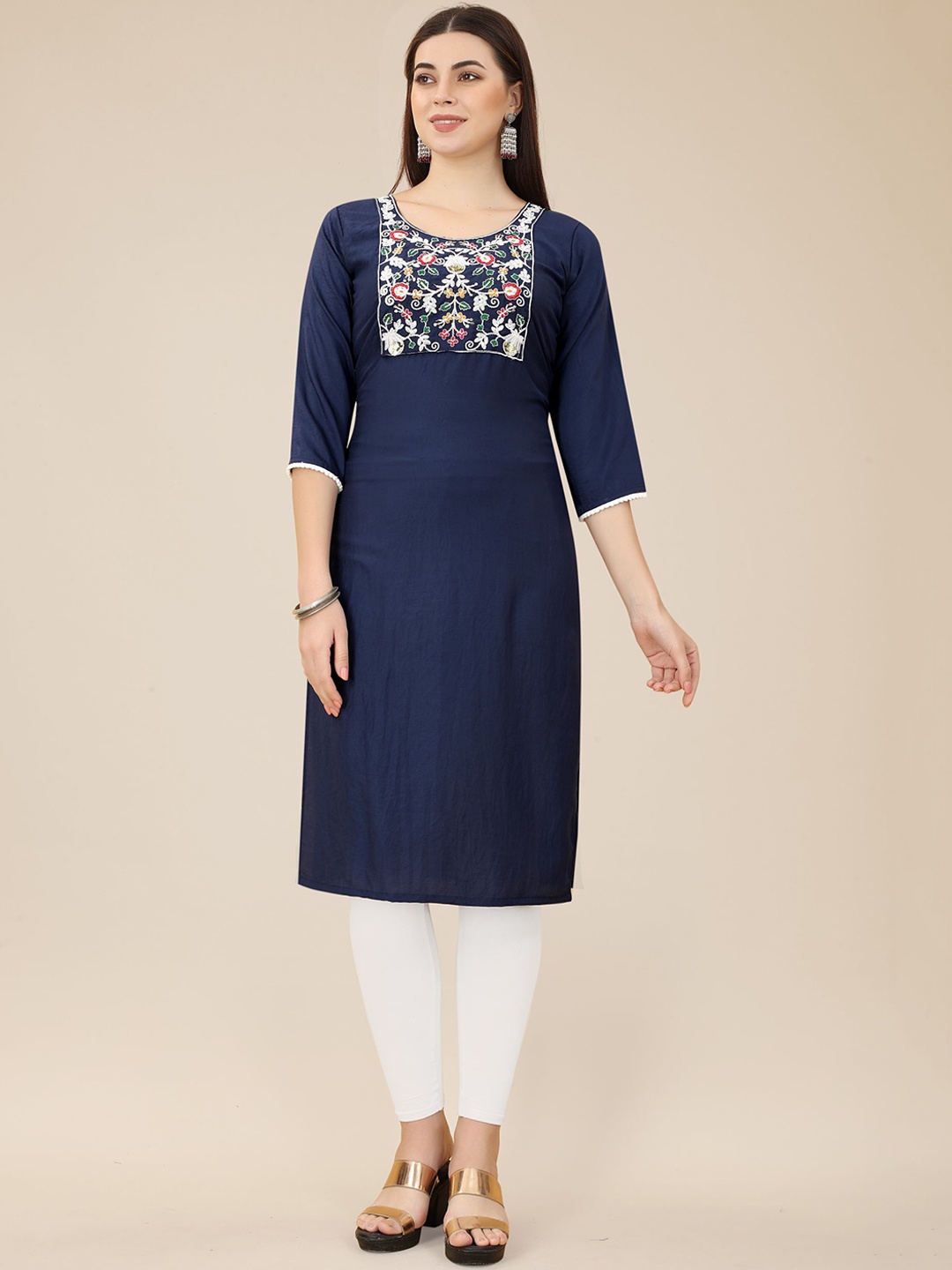 

HERE&NOW Navy Blue Floral Yoke Design Thread Work Silk Straight Kurta