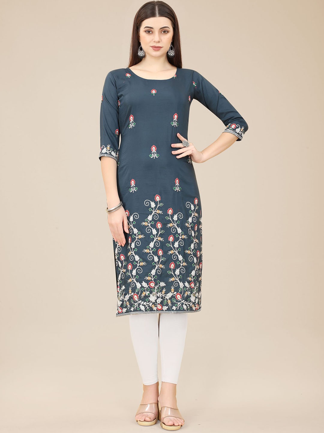 

HERE&NOW Grey & Red & Green Floral Embroidered Georgette Kurta
