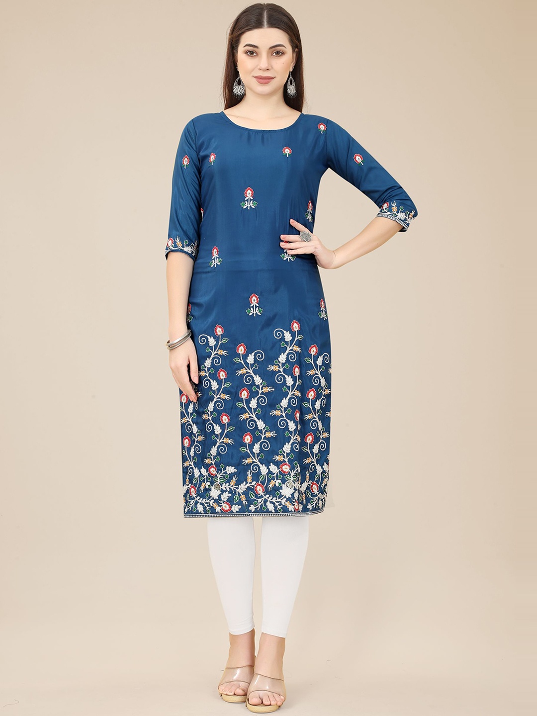 

HERE&NOW Floral Embroidered Georgette Kurta, Teal