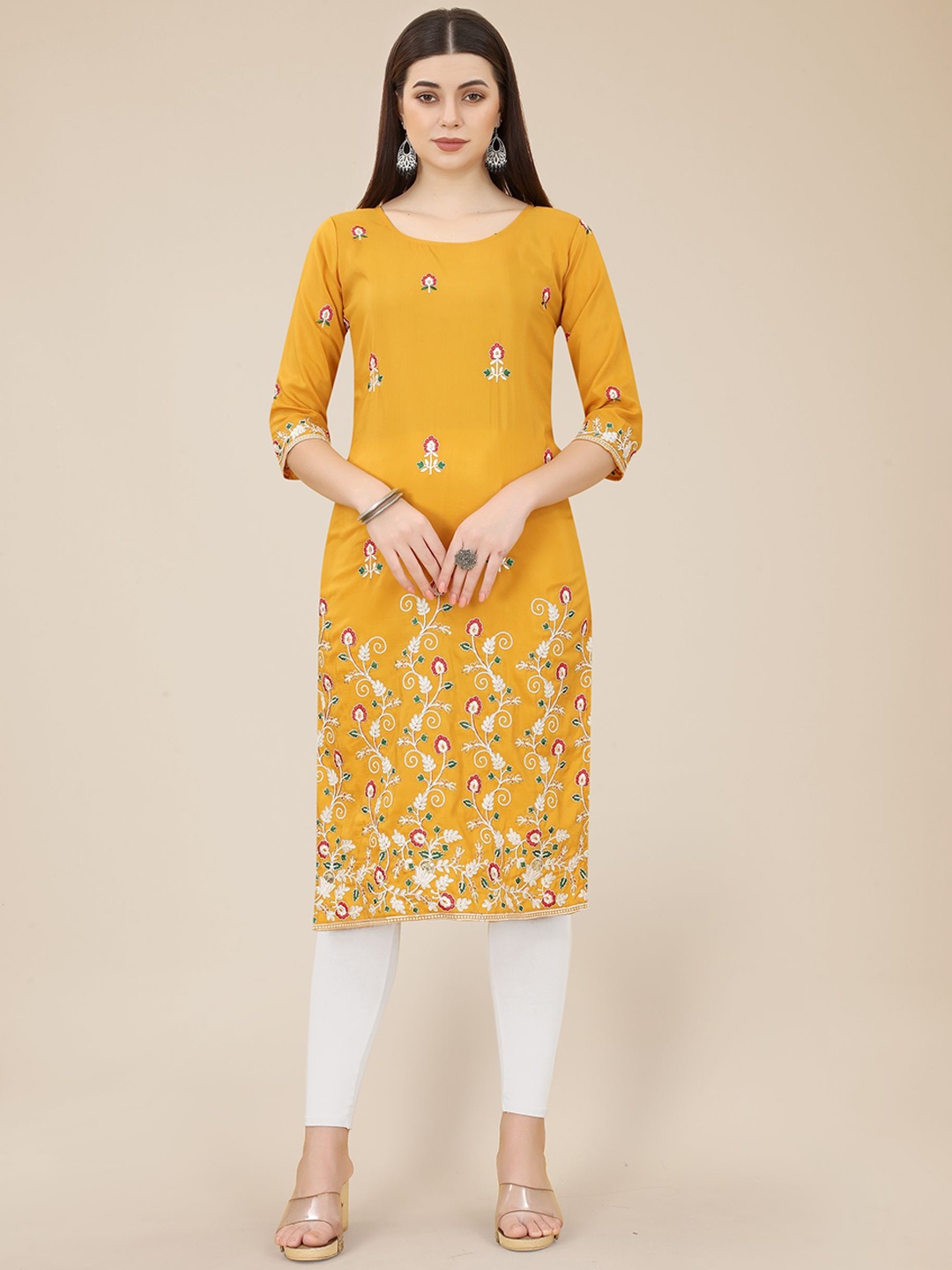 

HERE&NOW Mustard Yellow & Red & Yellow Floral Embroidered Georgette Kurta