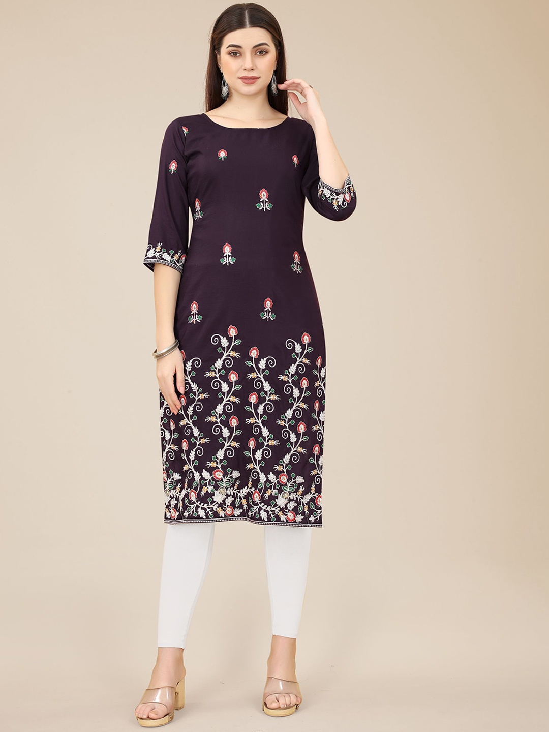 

HERE&NOW Purple & Red & White Floral Embroidered Georgette Kurta