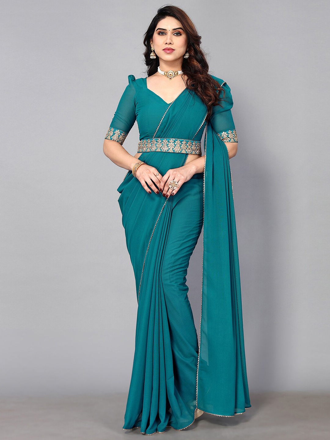 

KALINI Saree With Embellished Border, Teal