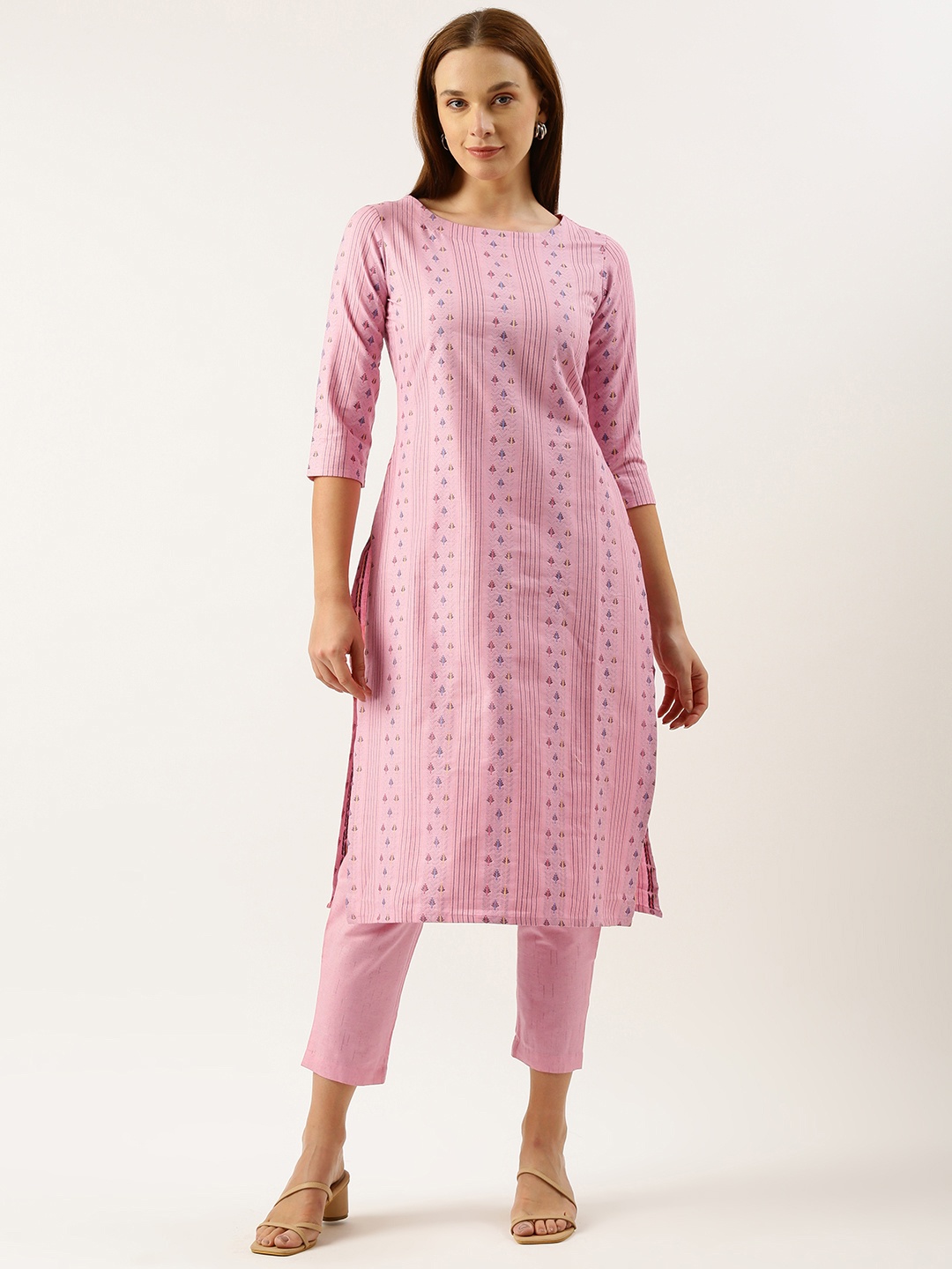 

Saanjh Printed Regular Kurta with Trousers, Pink