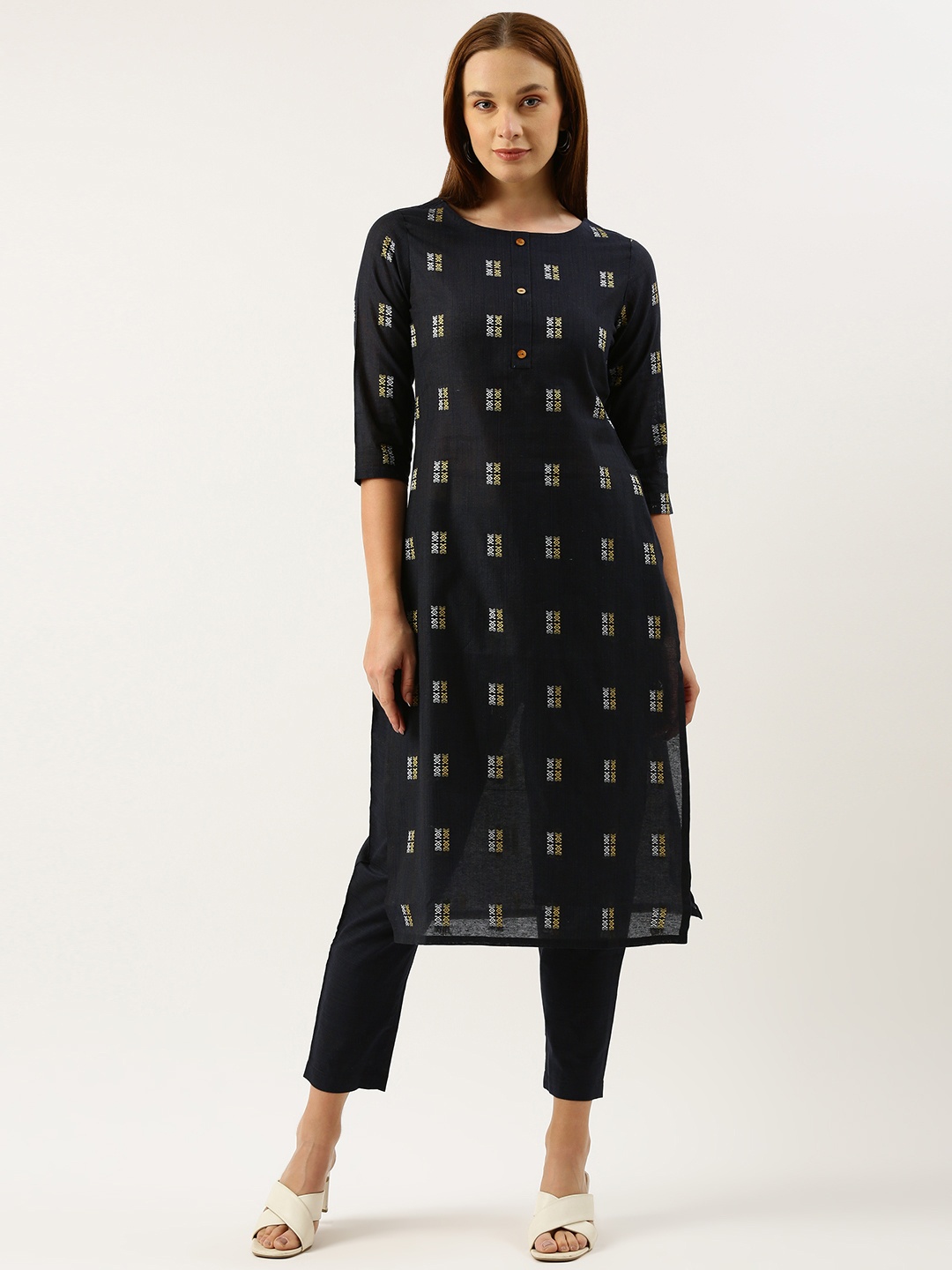

Saanjh Geometric Regular Kurta With Trousers, Navy blue