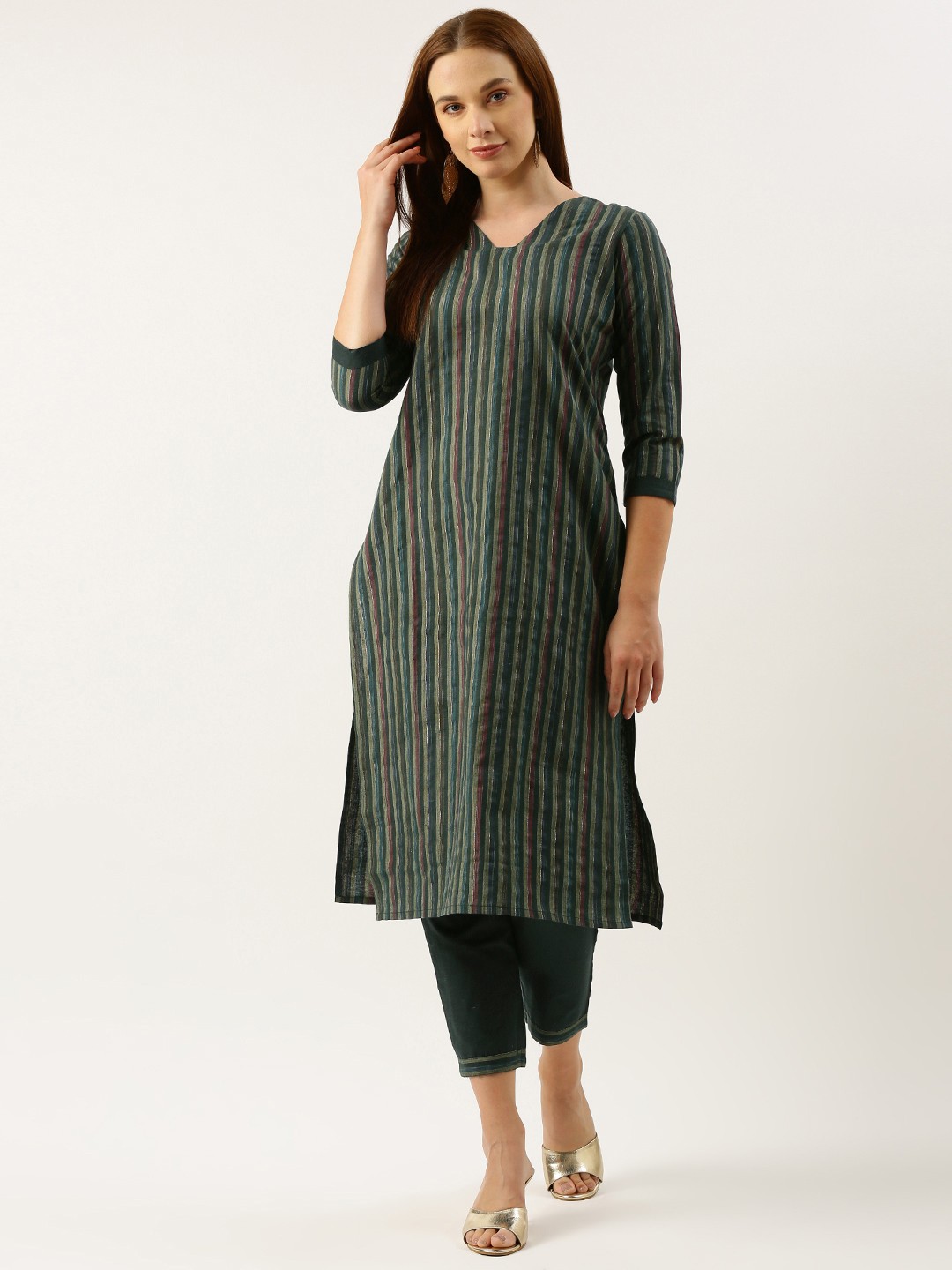 

Saanjh Striped Regular Kurta With Trousers, Green