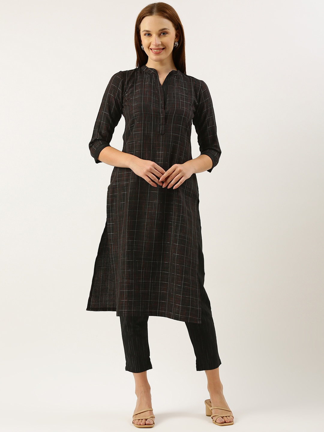 

Saanjh Checked Regular Kurta with Trousers, Black