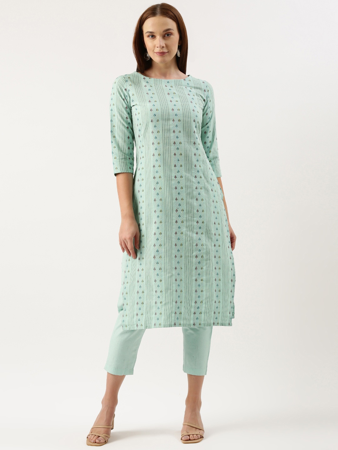 

Saanjh Geometric Regular Kurta With Trousers, Sea green