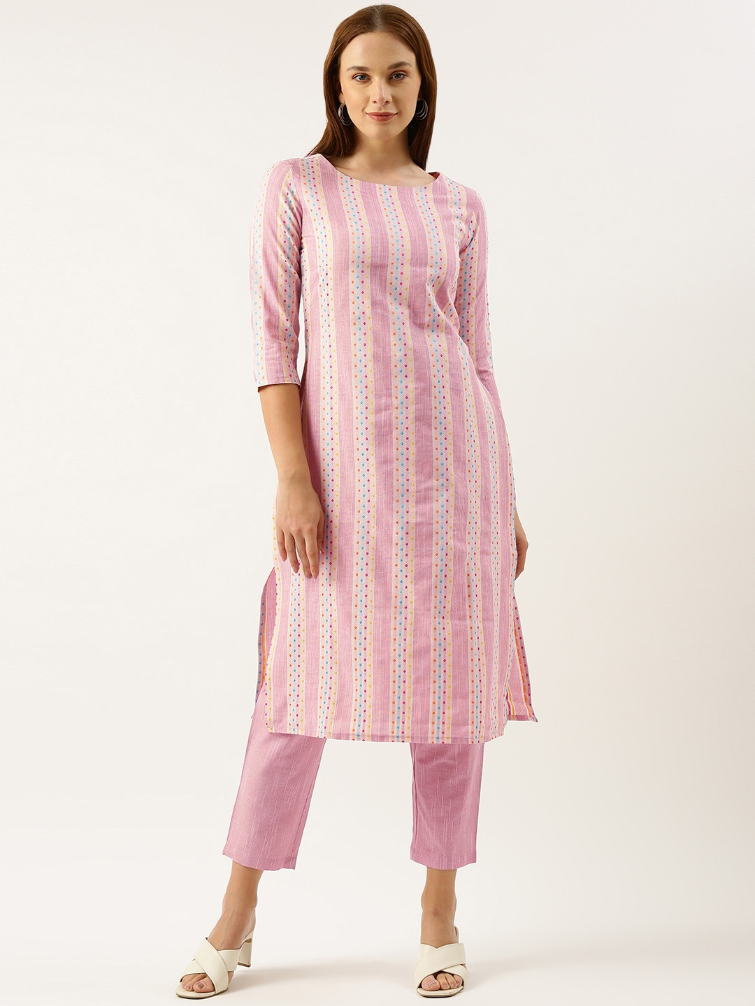 

Saanjh Printed Regular Kurta with Trousers, Pink