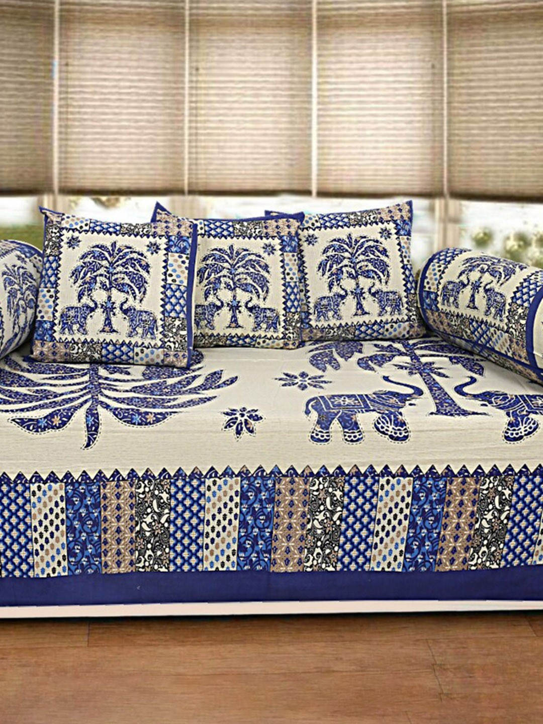 

INDHOME LIFE Blue & White 6 Pieces Printed 200 TC Cotton Diwan Set