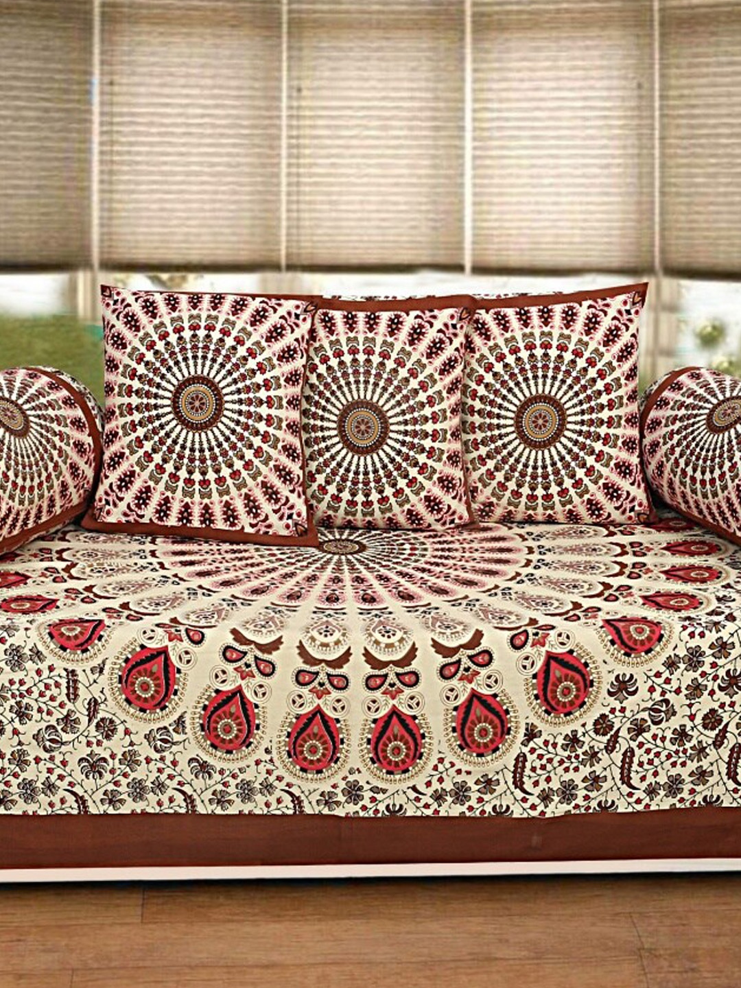 

INDHOME LIFE Brown & Beige 6 Pieces Printed 200 TC Pure Cotton Diwan Set