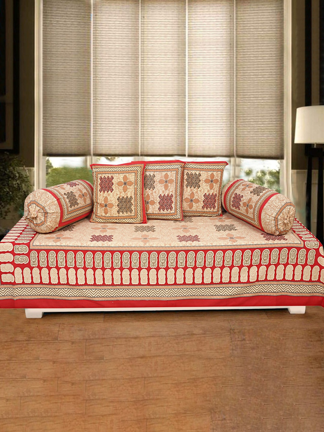 

INDHOME LIFE Red & Beige 6 Pieces Printed 200 TC Pure Cotton Diwan Set