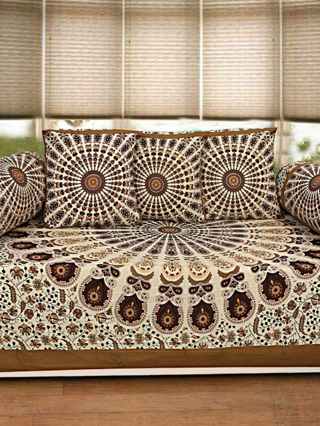 

INDHOME LIFE Brown & Beige 6 Pieces Printed Pure Cotton Diwan Set