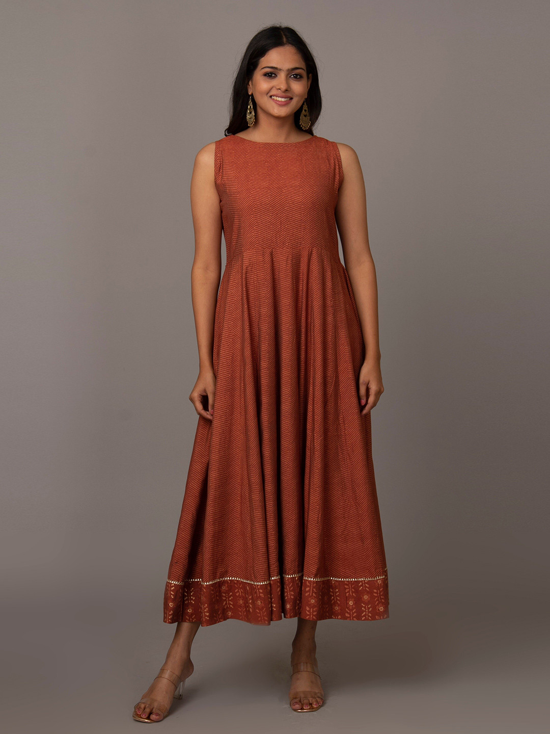 

NAYRA Chevron Printed Silk Fit & Flare Midi Ethnic Dress With Jacket, Rust
