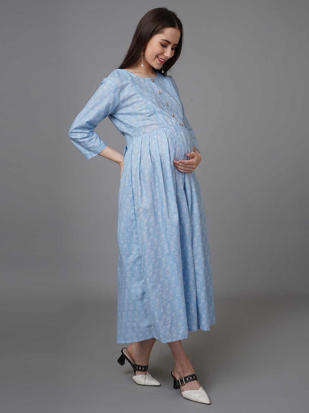 

NAYRA Floral Print Fit and Flare Cotton Midi Dress, Blue