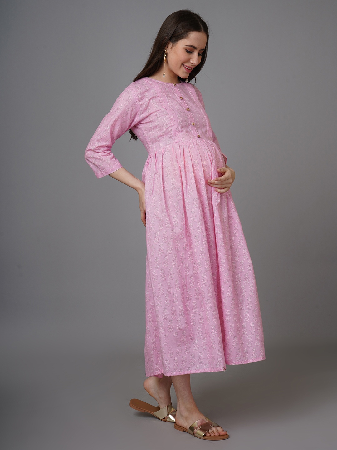 

NAYRA Ethnic Motifs Printed Maxi Cotton Dress, Pink