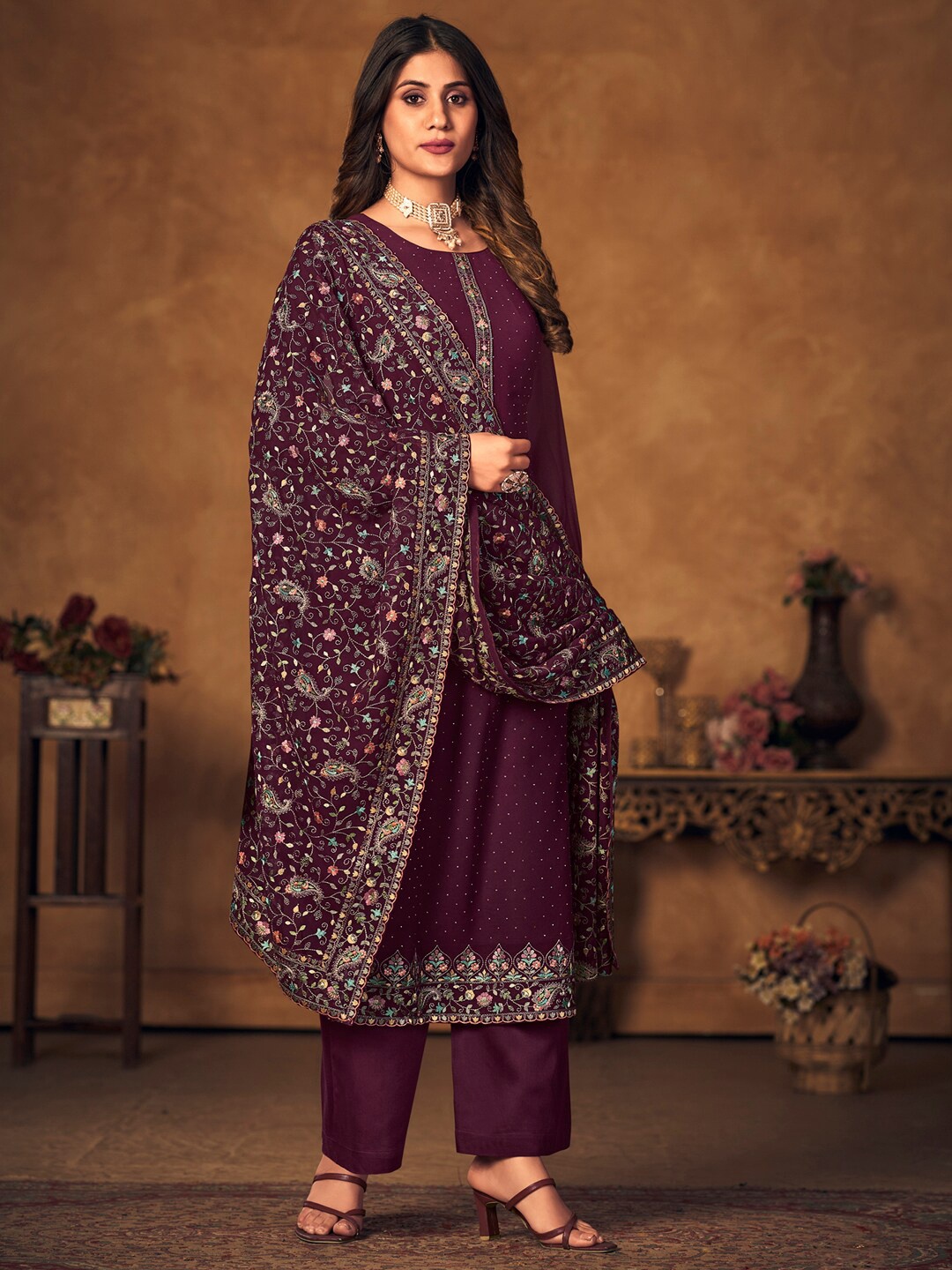 

Stylee LIFESTYLE Embroidered Silk Georgette Unstitched Dress Material, Burgundy