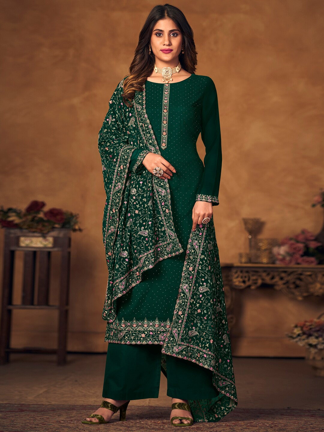 

Stylee LIFESTYLE Floral Embroidered Silk Georgette Unstitched Dress Material, Green