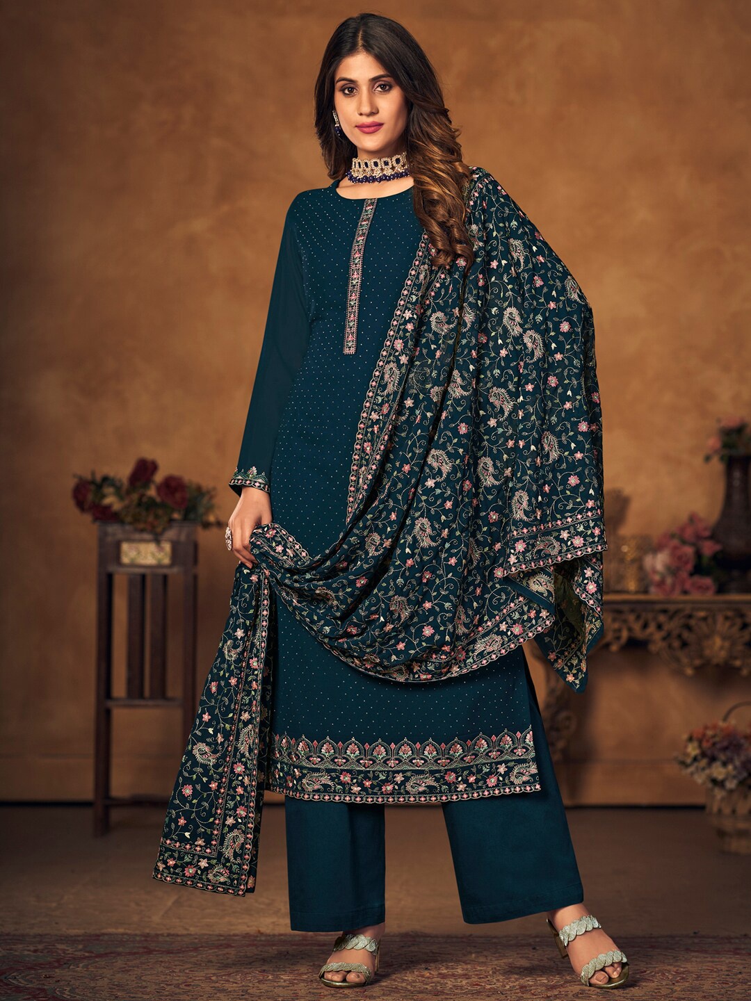 

Stylee LIFESTYLE Embroidered Unstitched Dress Material, Teal