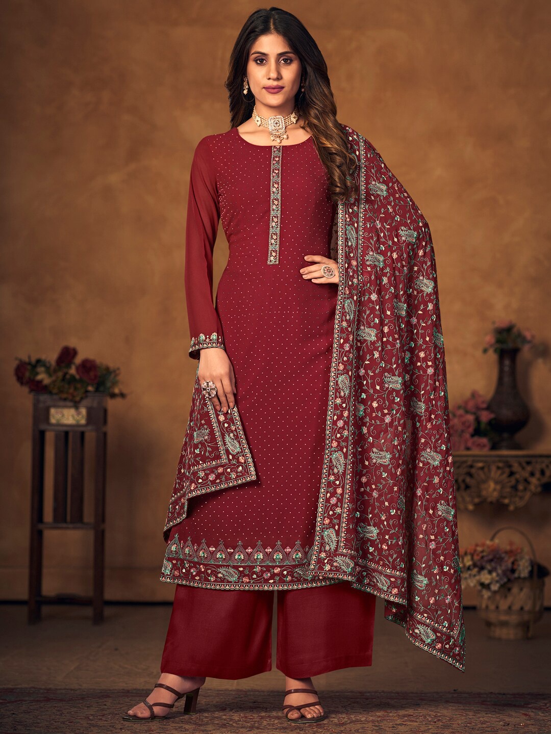 

Stylee LIFESTYLE Embroidered Silk Georgette Unstitched Dress Material, Maroon