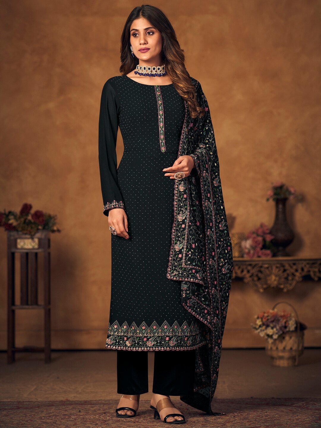 

Stylee LIFESTYLE Floral Embroidered Silk Georgette Unstitched Dress Material, Black